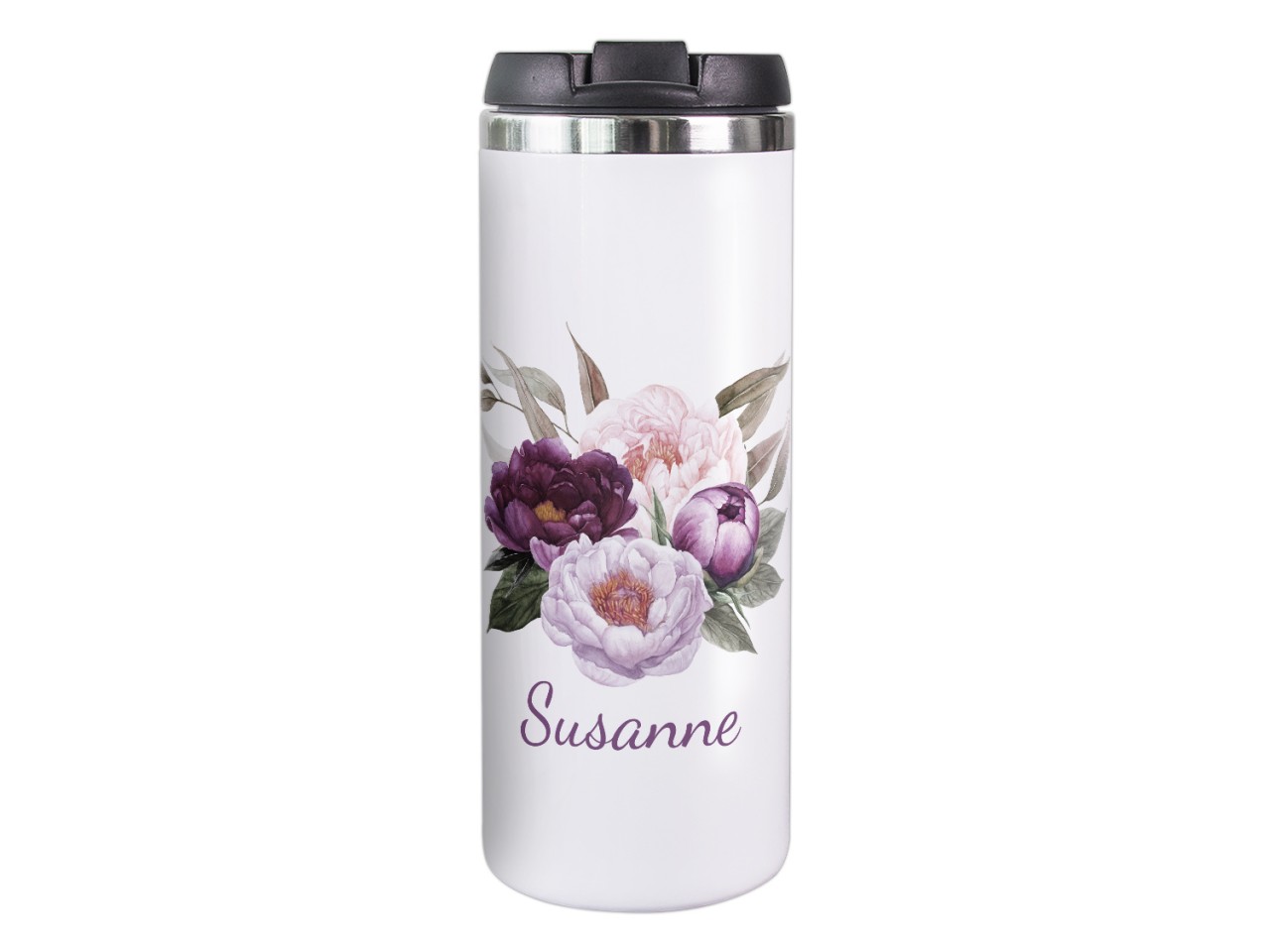Thermobecher mit Blumen und Wunschname, Coffee to go...