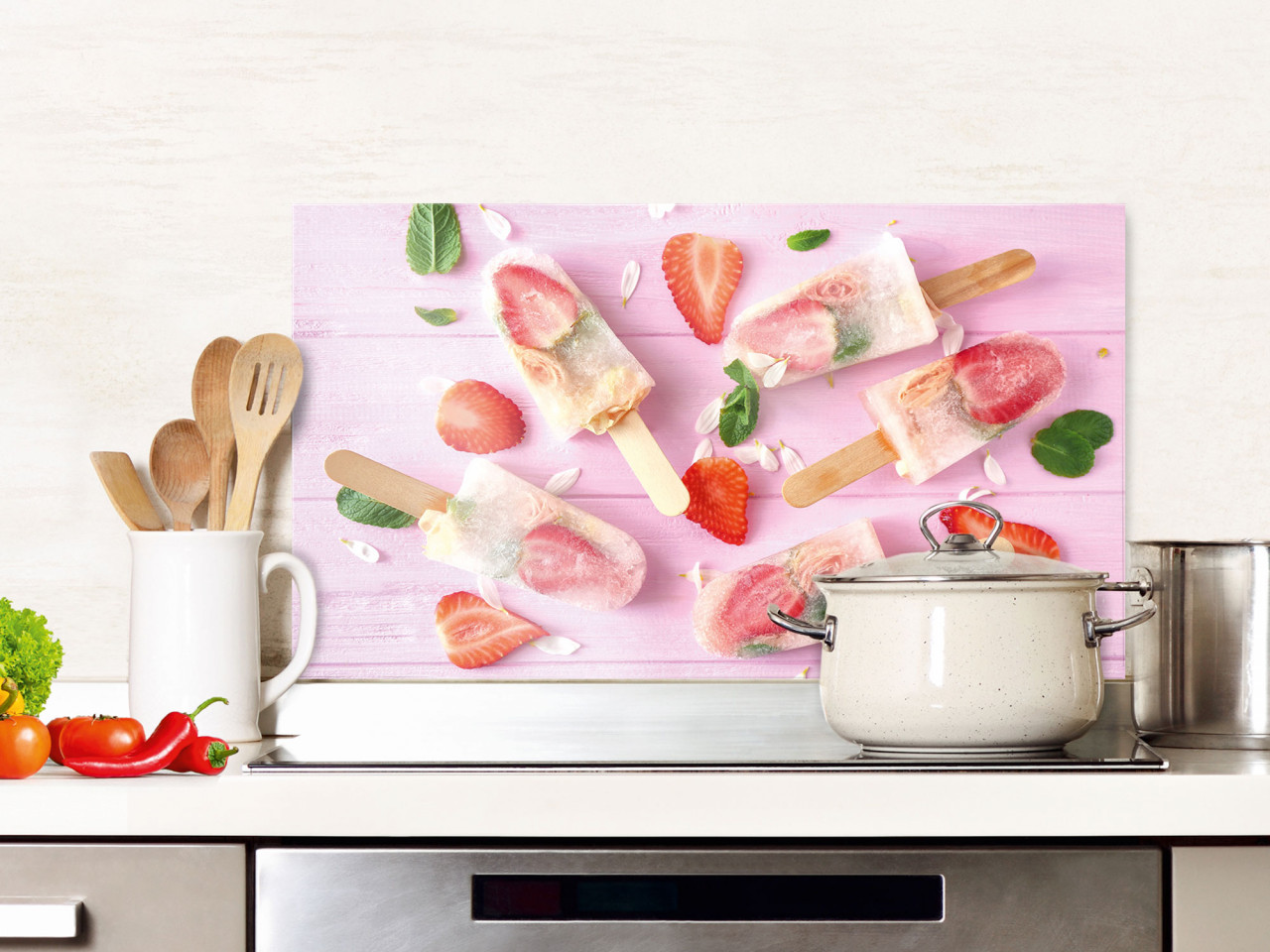 Spritzschutz Küche Glas Eis am Stiel, Erdbeeren