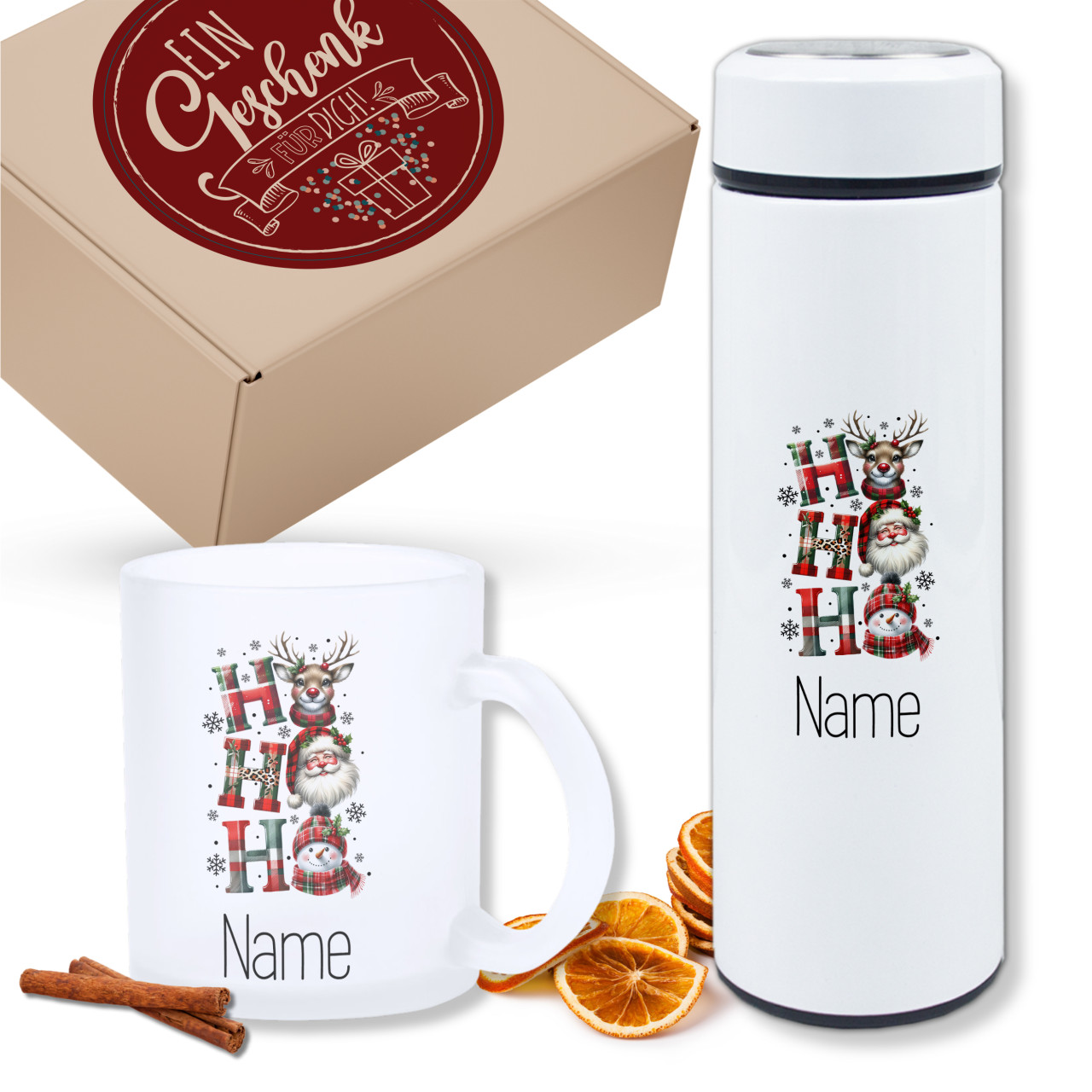 Geschenkset Teeflasche mit Tasse mit Motiv HO HO HO
