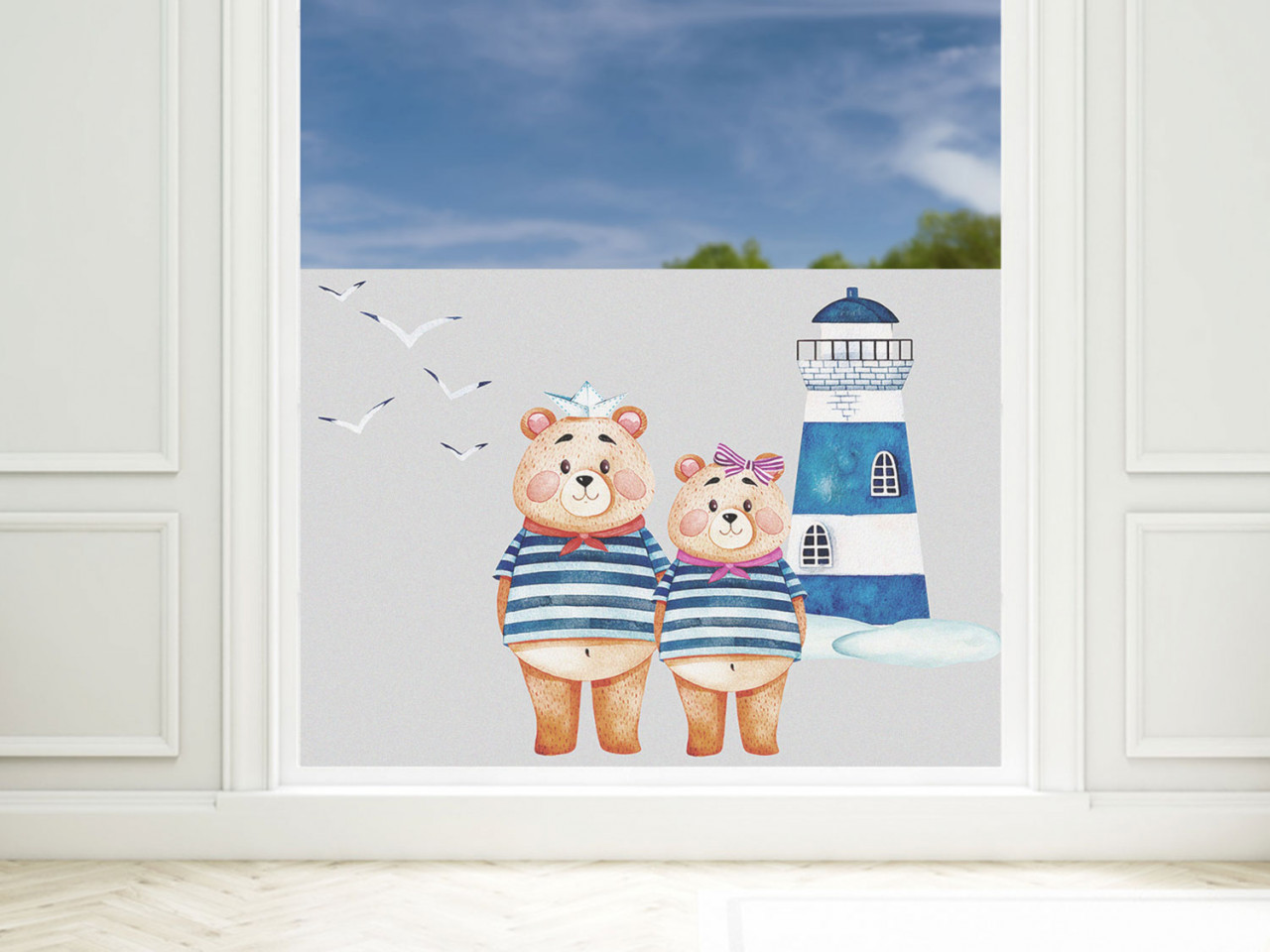 Fensterfolie Bad Leuchtturm mit Matrosen Bären maritim