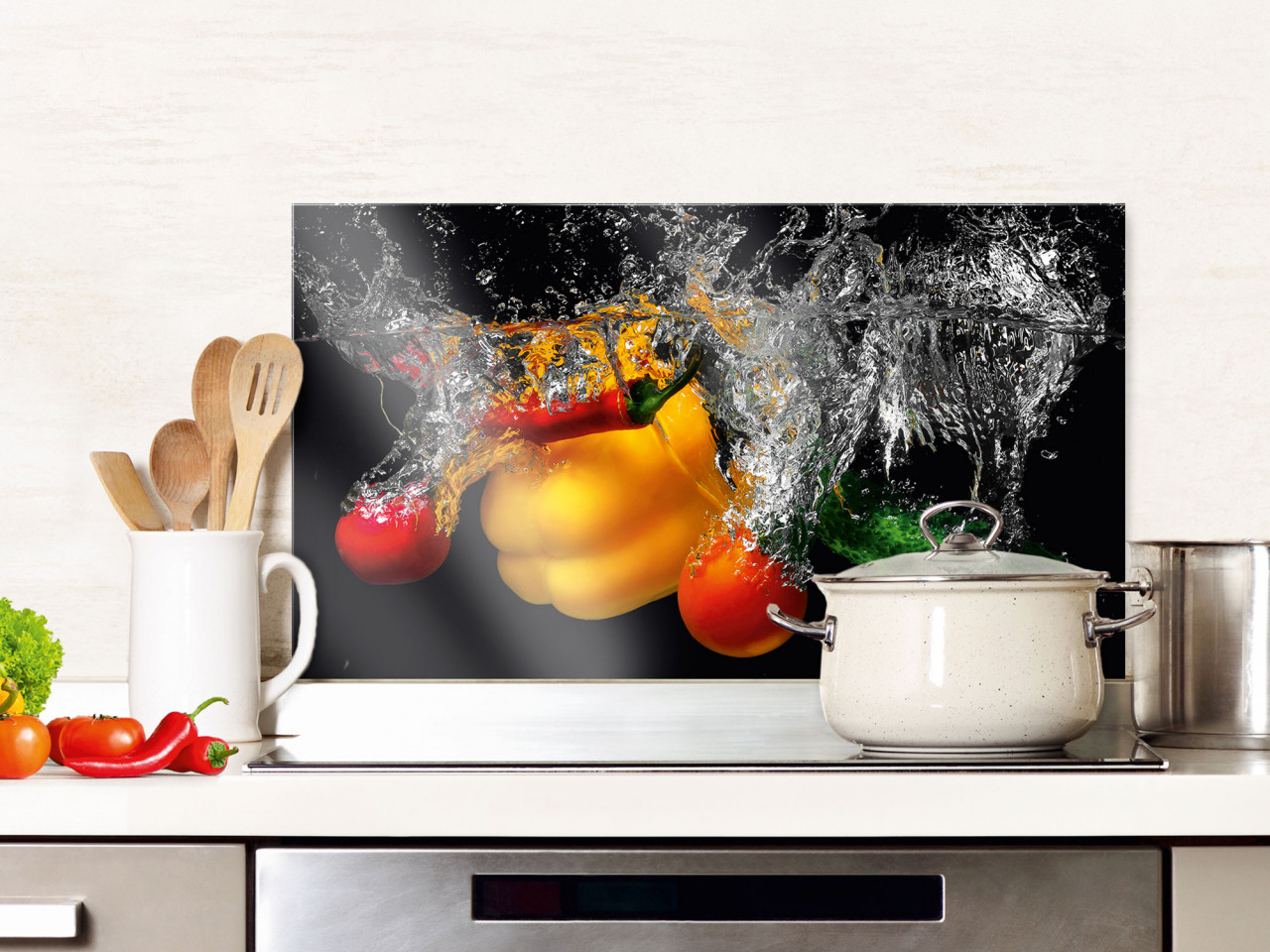 Spritzschutz Küche Glas Gemüse im Wasser, Sprizer Schwarz