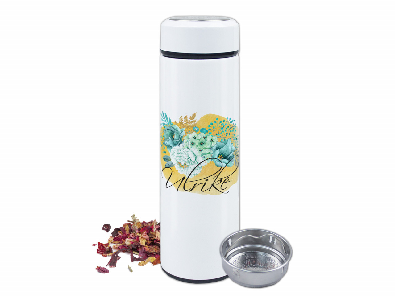 Teeflasche Thermo mit Sieb, Blumen in türkis