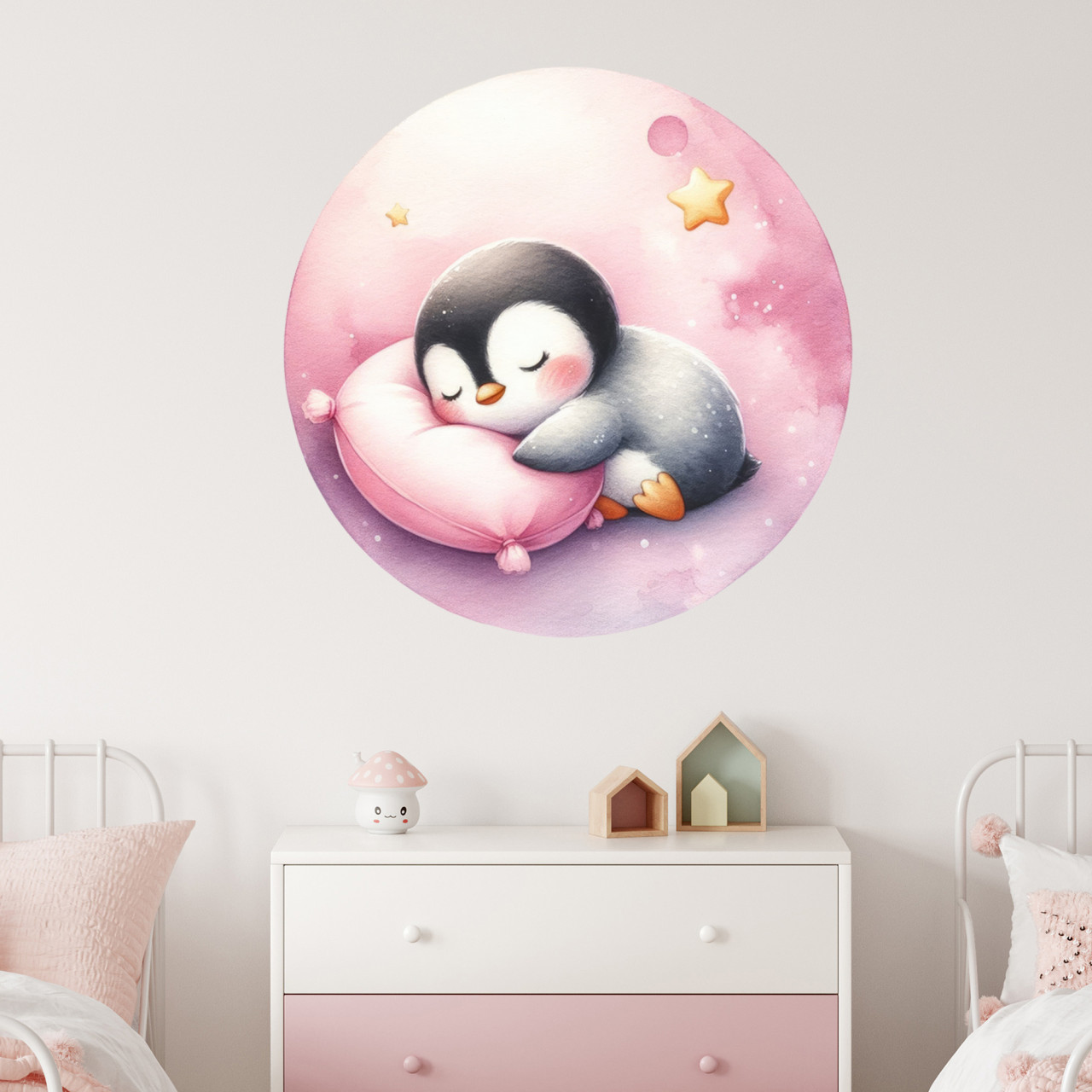 Wandtattoo Babyzimmer Mädchen Baby Pinguin schlafend rosa