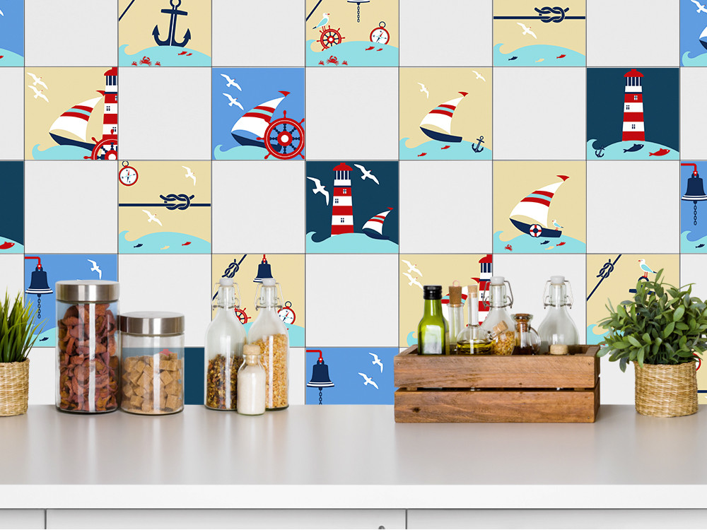 Fliesenaufkleber Set für Bad Segelschiff Möwe Leuchtturm