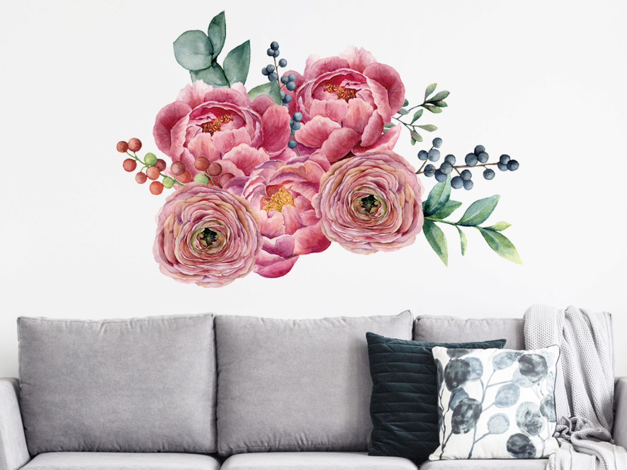 Wandtattoo Pfingstrosen 5 Blüten mit Eukalyptus