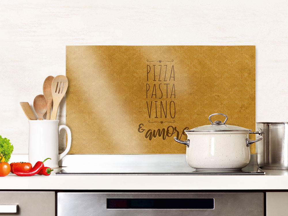 Spritzschutz Küche Glas Pizza Pasta Vino Barock gold, braun