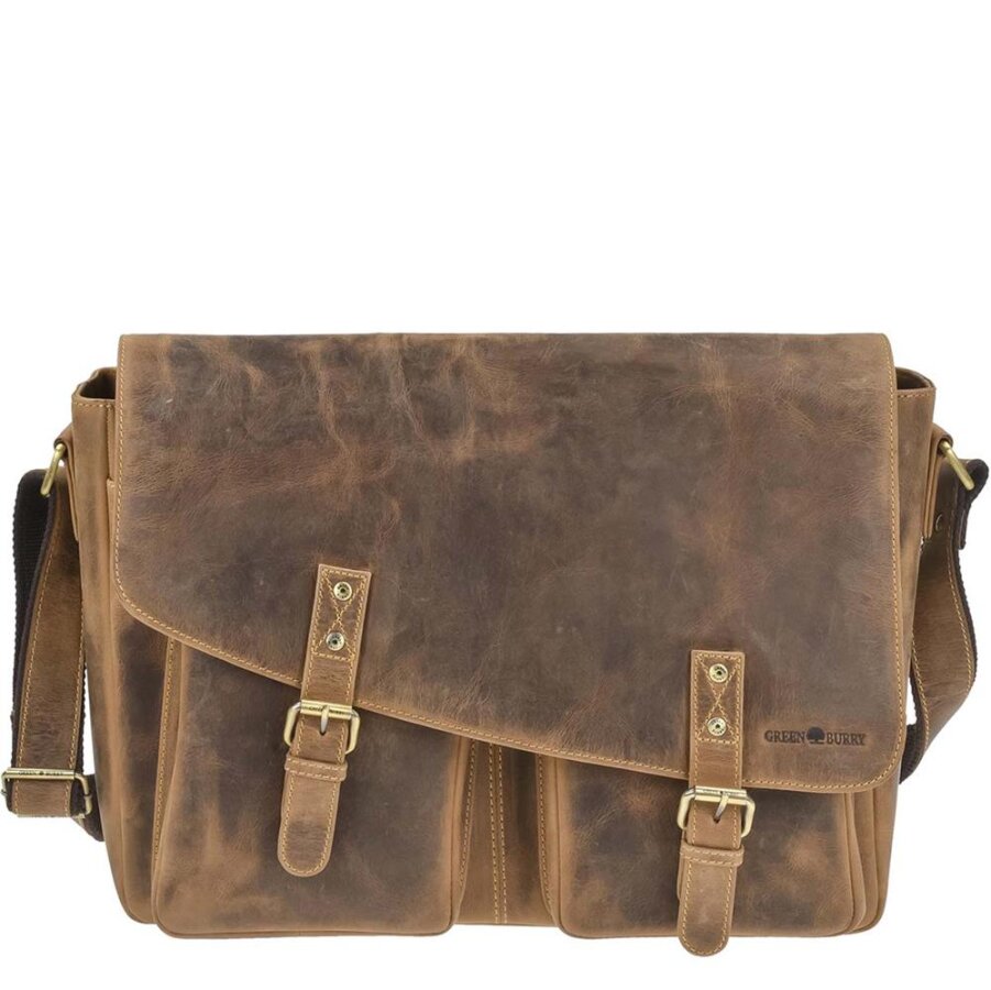 Umhängetasche Damen Herren Leder antikbraun Laptopfach | Greenburry Vintage Original Schultertasche für Arbeit Uni Schule Business 1541-25