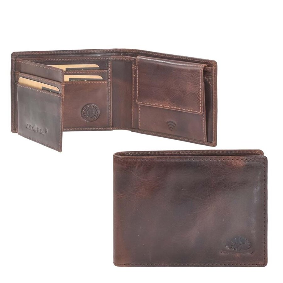 Geldbörse S Herren Leder teak braun RFID-Schutz 4 Kartenfächer | Greenburry Rugged kleines Portemonnaie Querformat 1315-25