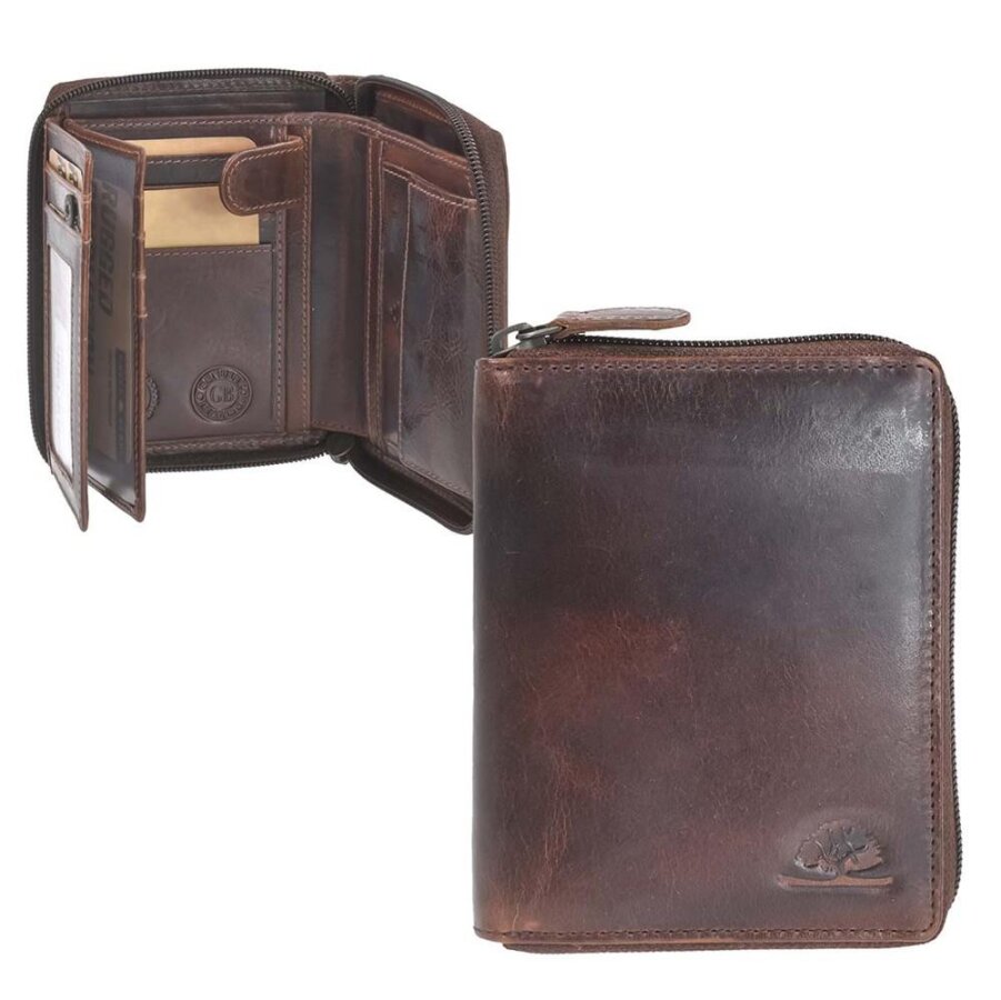 Geldbörse Leder teak braun RFID-Schutz 9 Kartenfächer | Greenburry Rugged Portemonnaie mit Rundum-Reißverschluss 1311-25