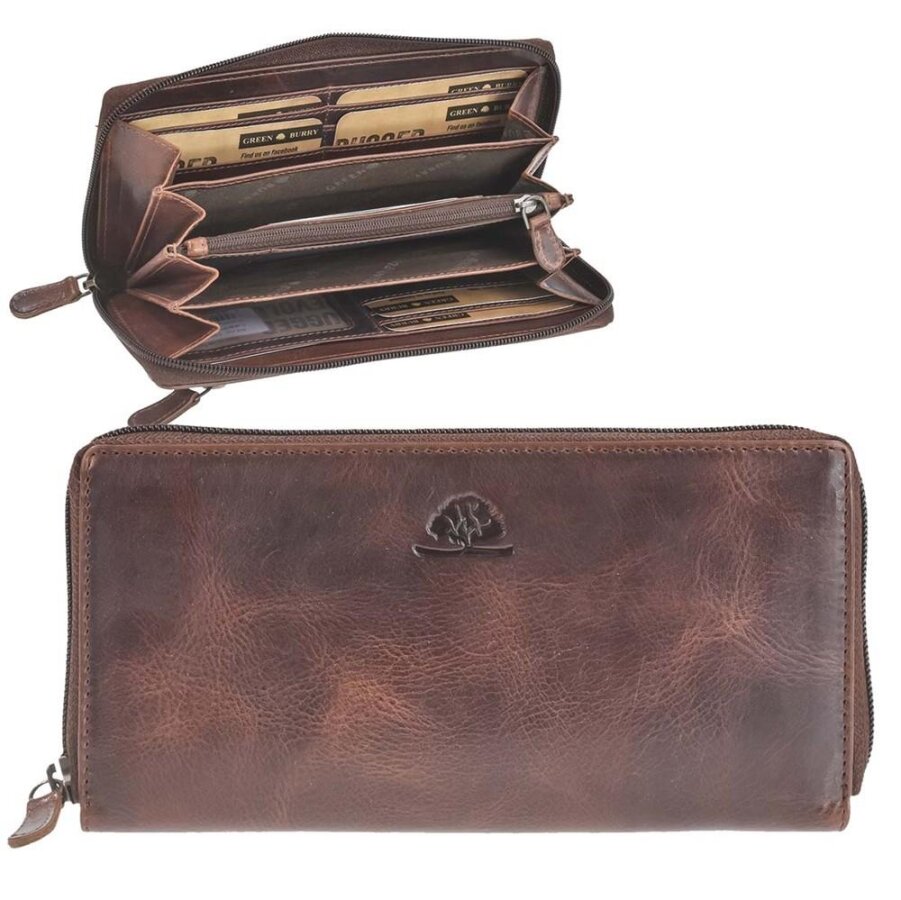Damen-Langbörse Leder teak braun RFID-Schutz 12 Kartenfächer | Greenburry Rugged Portemonnaie mit Rundum-Reißverschluss 1310-25