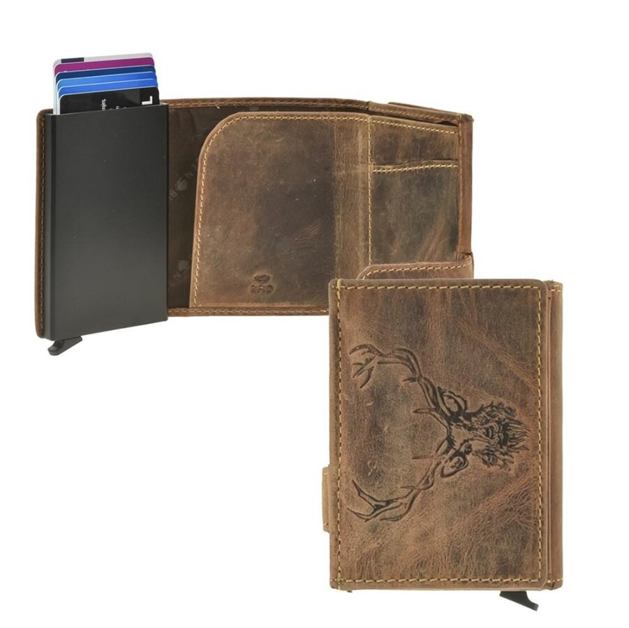 Kartenbörse Unisex Leder antikbraun mit Hirsch-Prägung & RFID-Schutz | Greenburry Vintage Mini-Portemonnaie für Jagd Freizeit Wandern Alltag 1687-STAG