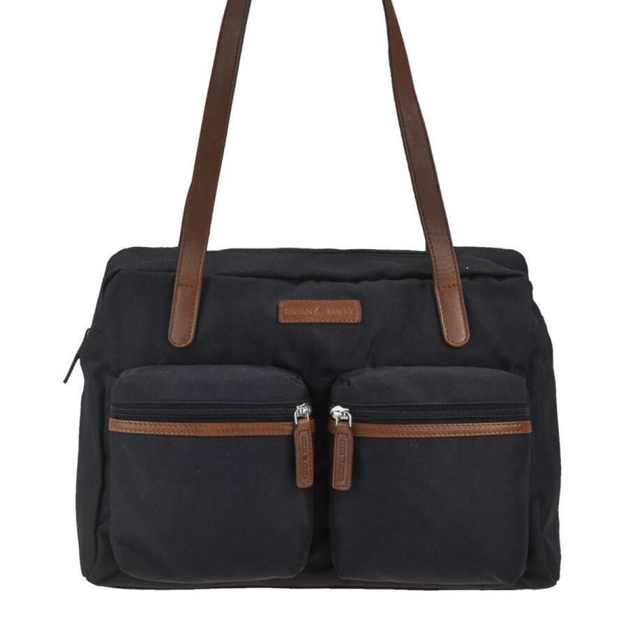 Shopper Damen Nylon schwarz 2 Vortaschen lange Griffe | Greenburry Nylon - Emily Schultertasche für Büro Shopping Alltag 1400-20