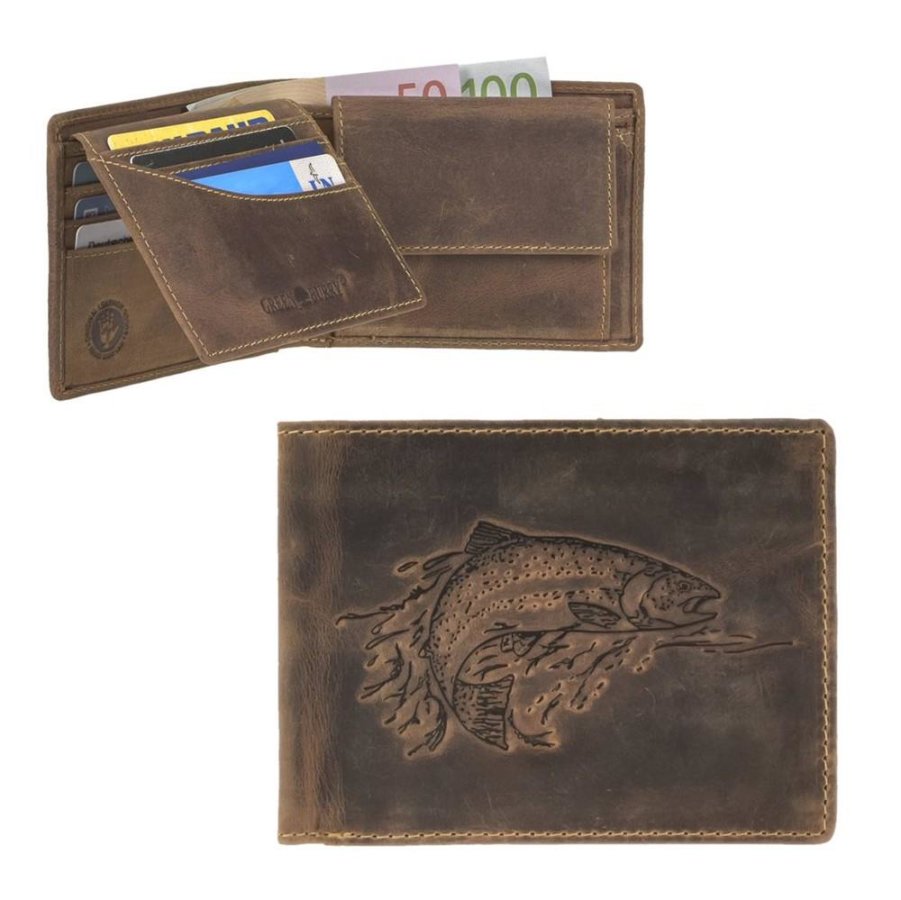 Leder Geldbörse 12x9cm mit Fisch-Prägung 'Vintage' antikbraun Forelle