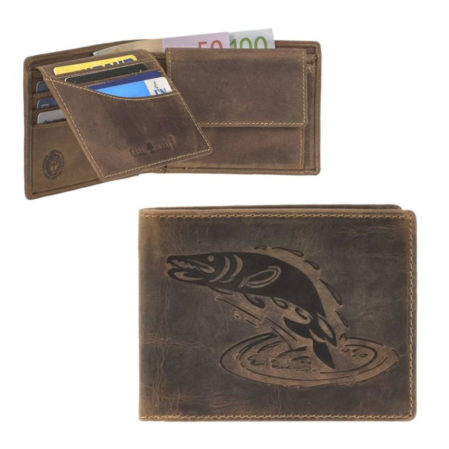Leder Geldbörse 12x9cm mit Fisch-Prägung 'Vintage' antikbraun Hecht