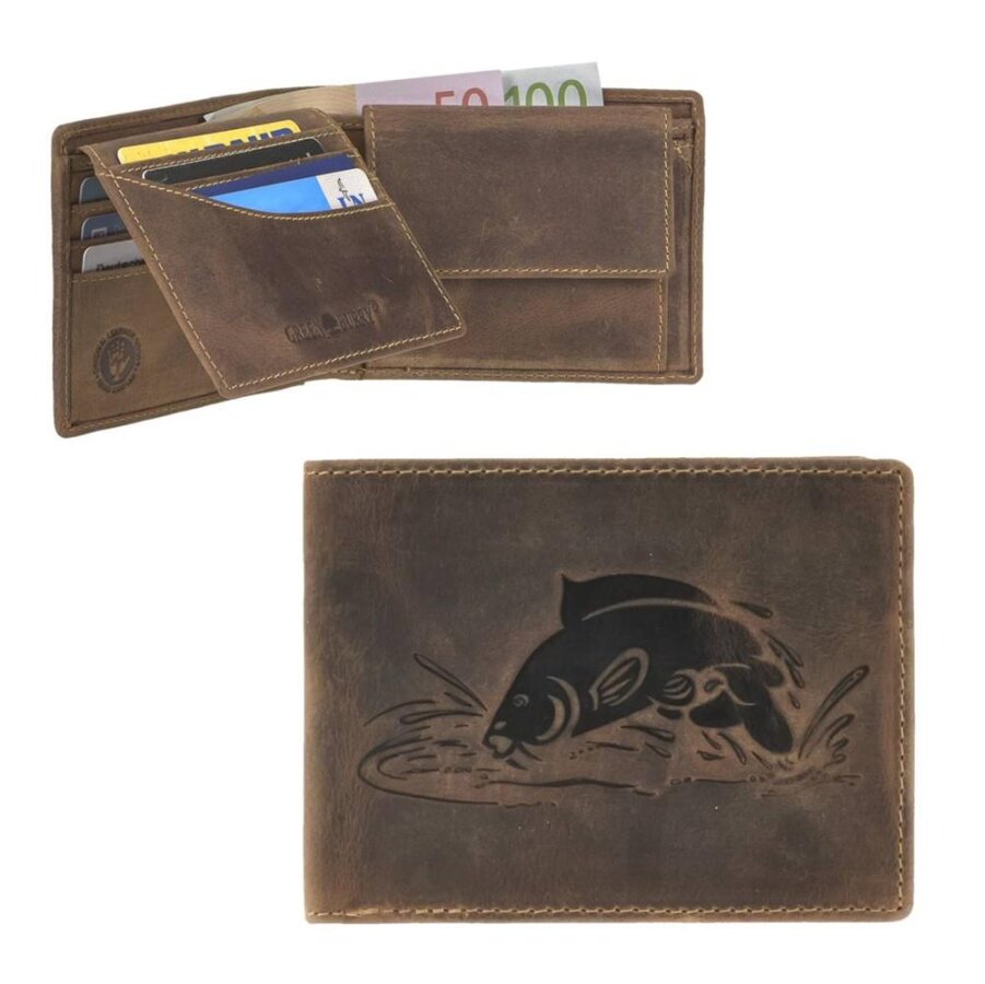Portemonnaie Herren Leder antikbraun mit Karpfen-Prägung | Greenburry Vintage Original Geldbeutel für Angeln Hobby Freizeit 1705-KARPFEN-25