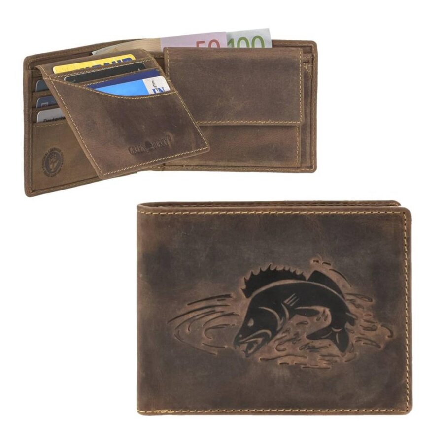Portemonnaie Herren Leder antikbraun mit Zander-Prägung | Greenburry Vintage Original Geldbeutel für Angeln Hobby Freizeit 1705-ZANDER-25