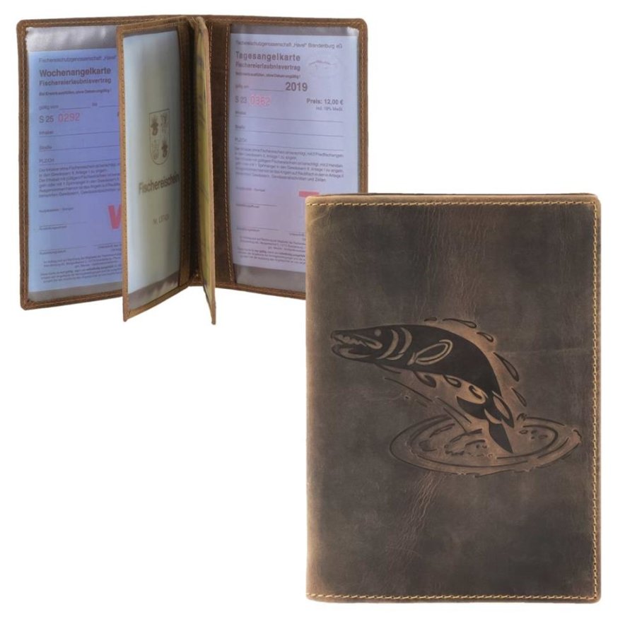 Ausweisetui Leder 12x16cm 3teilig mit Fisch-Prägung 'Vintage' antikbraun Hecht