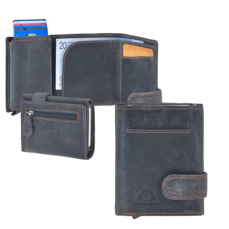 Kartenetui Herren Leder navy mit RFID-Schutz & Reißverschluss | Greenburry Vintage Original Slim Wallet für Business Reise 1687-27