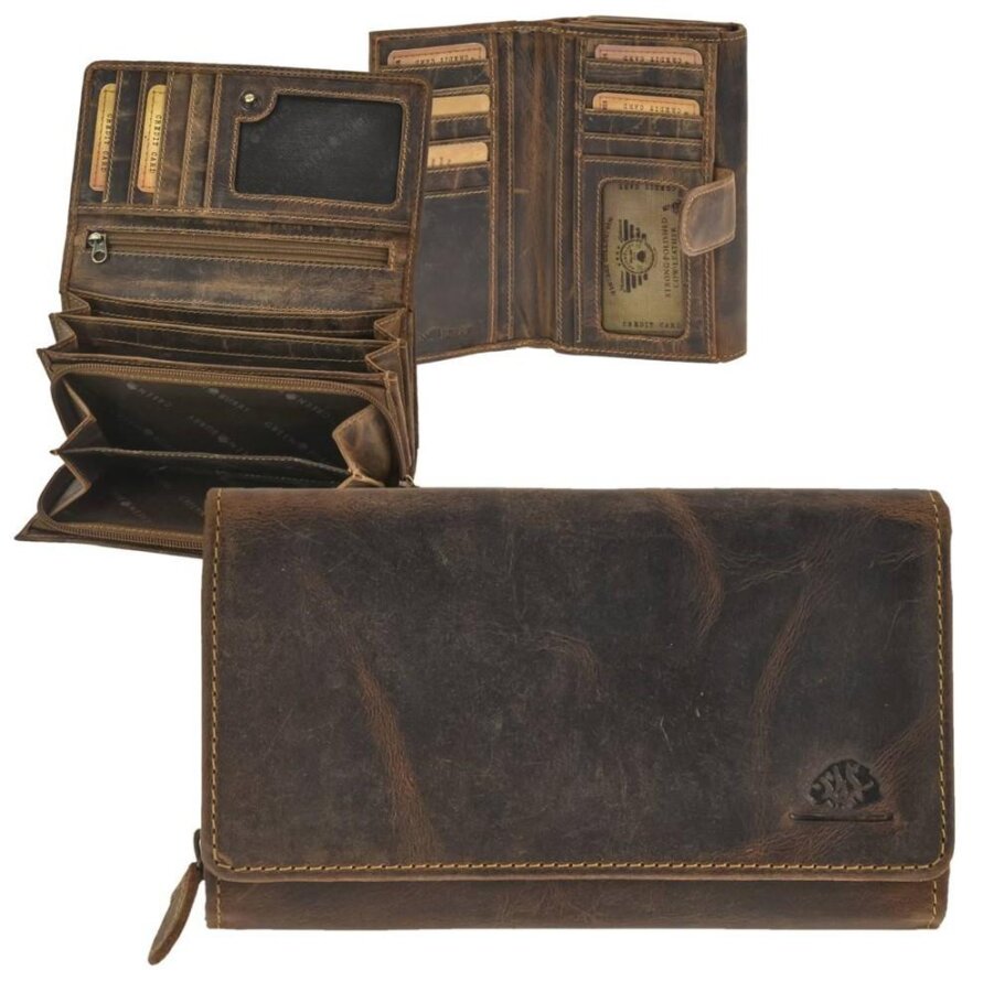 Portemonnaie Damen Leder antikbraun mit 14 Kartenfächern | Greenburry Vintage Original Geldbörse für Alltag Reise 1533-25