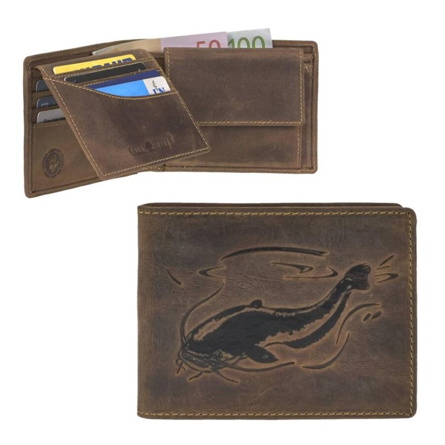 Portemonnaie Herren Leder antikbraun mit Wels-Prägung | Greenburry Vintage Original Geldbeutel für Angeln Hobby Freizeit 1705-WELS-25