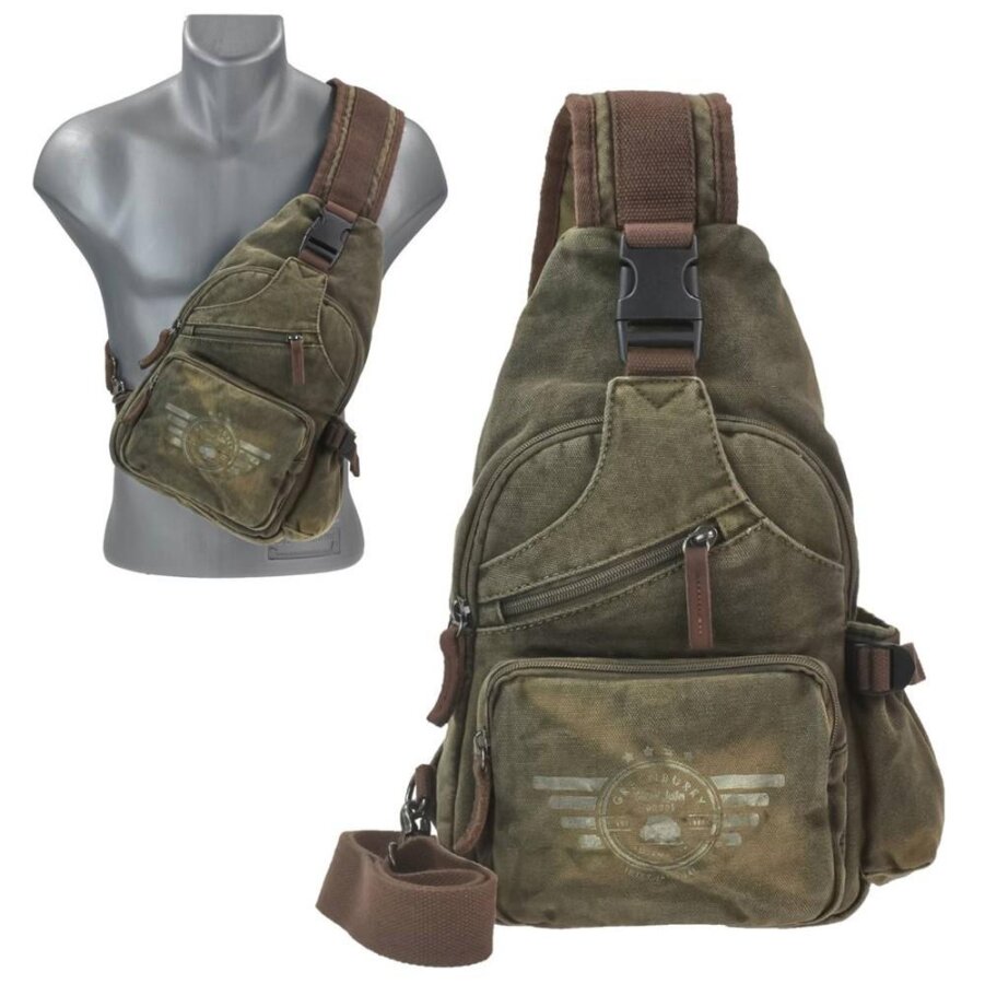 Greenburry Crossbody Bag Diebstahlschutz & 3 Tragevarianten Aviator – Canvas khaki. Die robuste Sling Bag ist der ideale Rucksack-Ersatz für Reisen.