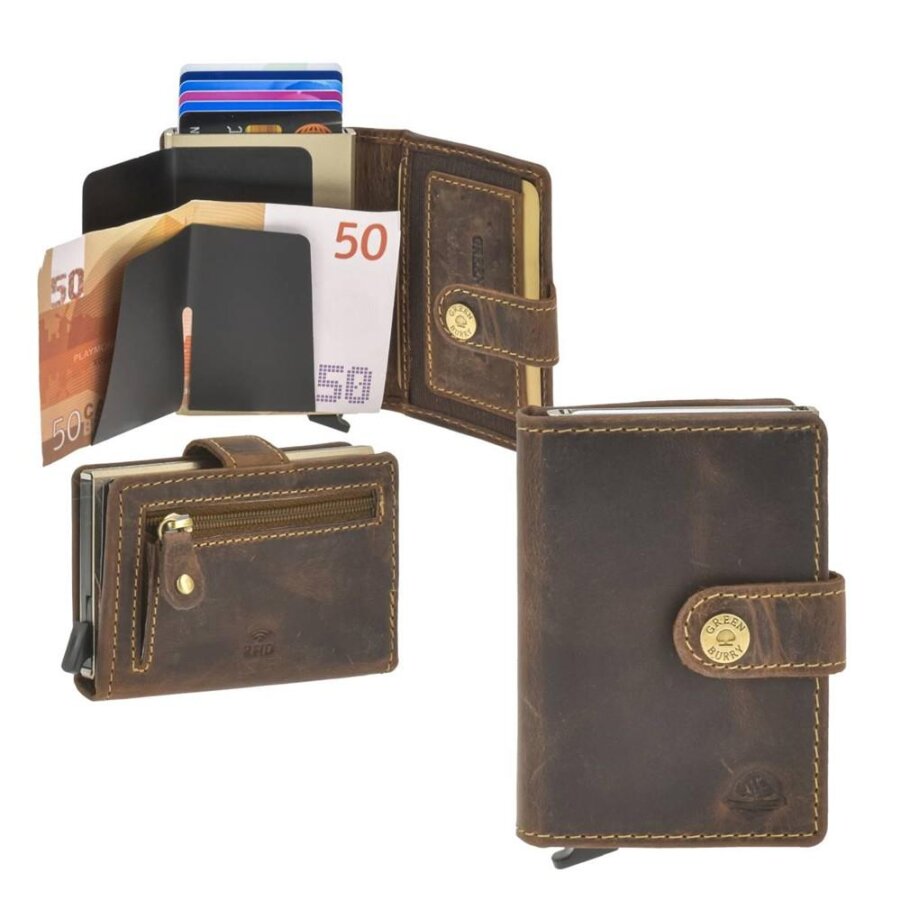 Kartenetui Herren Leder antikbraun mit RFID-Schutz & Reißverschluss | Greenburry Vintage Original Slim Wallet 1450-25