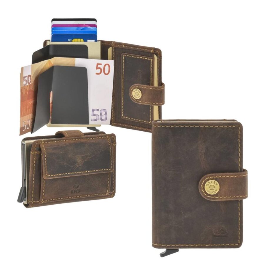 Kartenetui Herren Leder antikbraun mit RFID-Schutz & Münzfach | Greenburry Vintage Original Slim Wallet für Alltag Business 1451-25