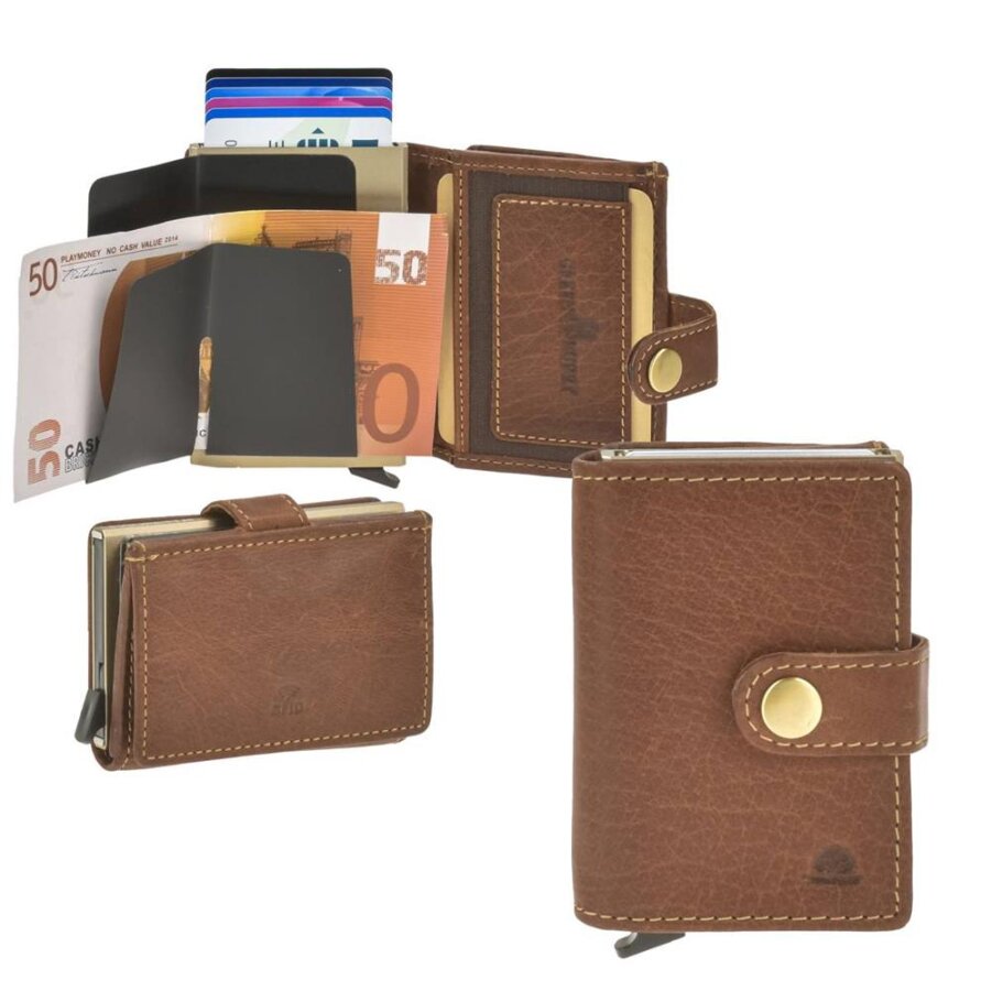 Kartenetui Herren Leder cognac mit RFID-Schutz & Münzfach | Greenburry Vintage Mini Portemonnaie für Business, Alltag, Reise & Freizeit 1455-24
