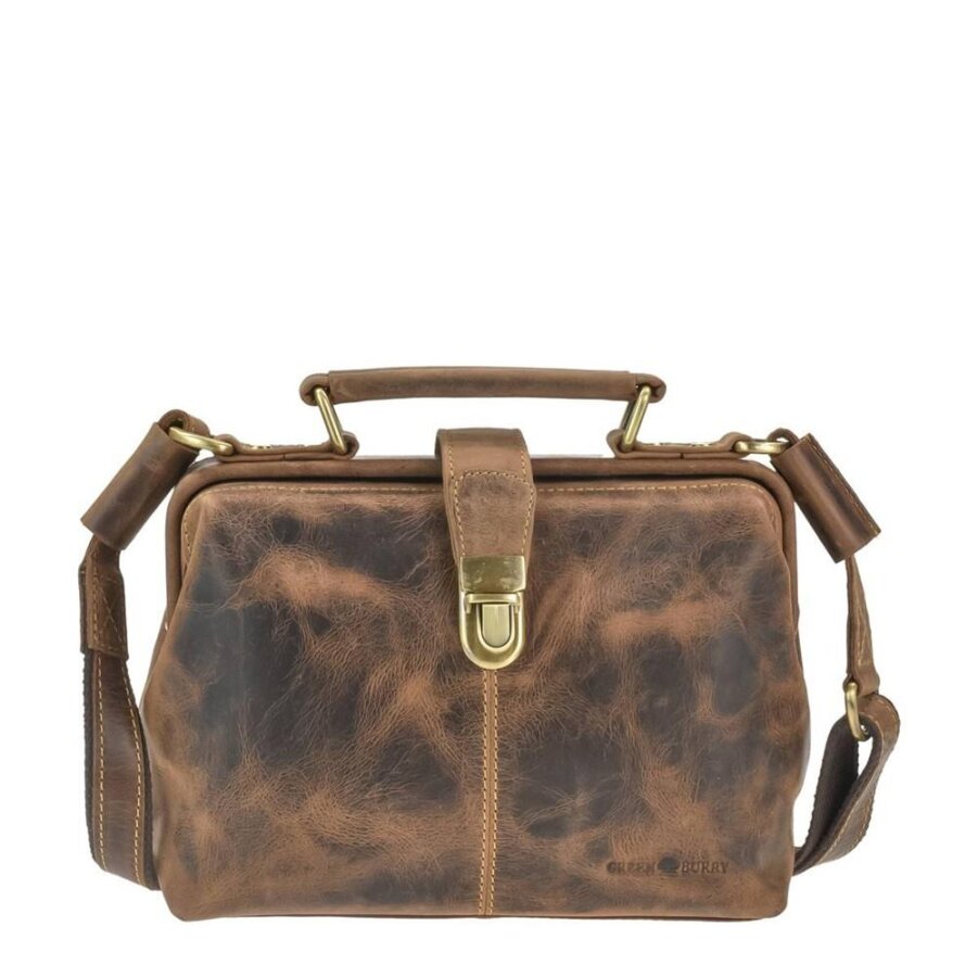 Bügeltasche Damen Leder antikbraun mit Maulbügelverschluss | Greenburry Vintage-Original Handtasche für Freizeit Event Alltag Reise 1584S-25