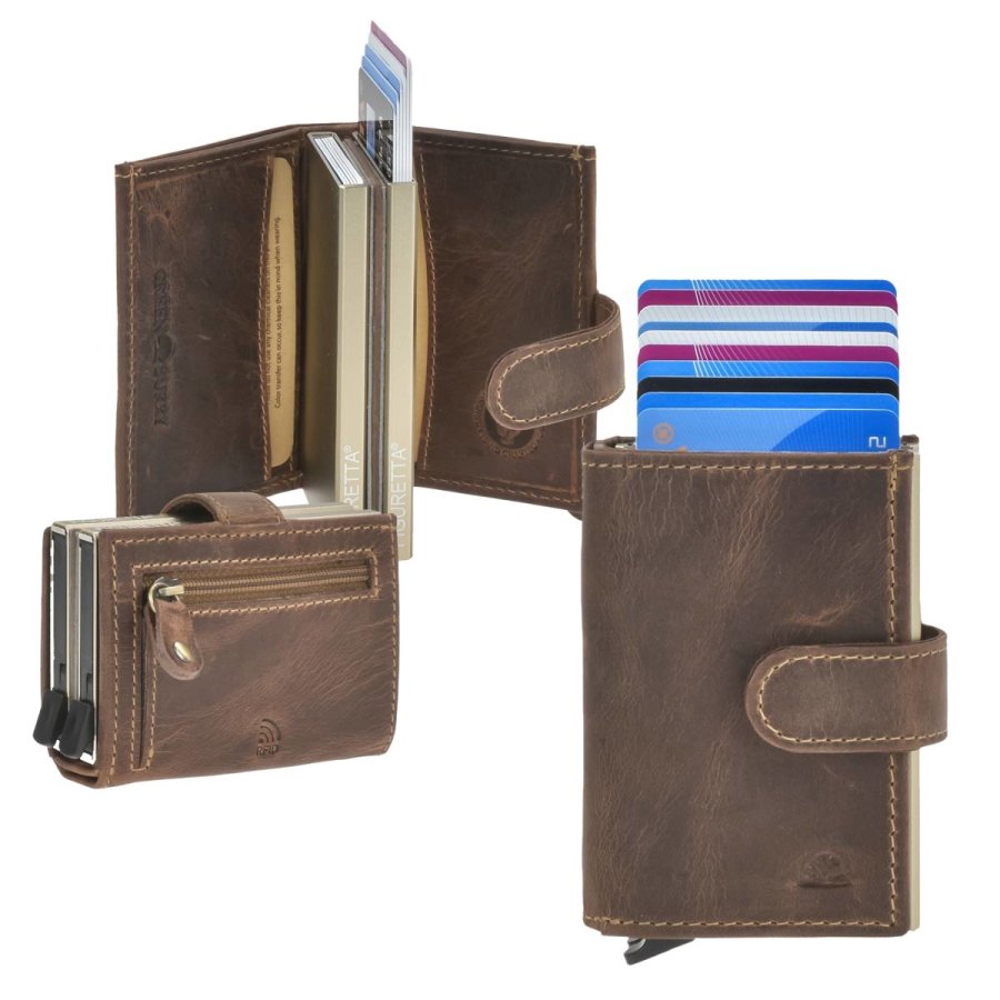 Karten Portemonnaie Leder 8x10cm mit Münzfach Zip für bis zu 12 Karten RFID 'Vintage' antik braun