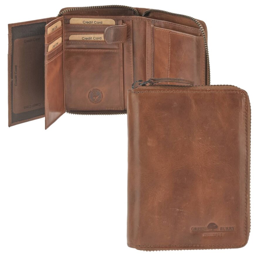 Greenburry Portemonnaie Herren Reißverschluss Leder Geldbörse mit RFID-Schutz | Newport 2111 caramel