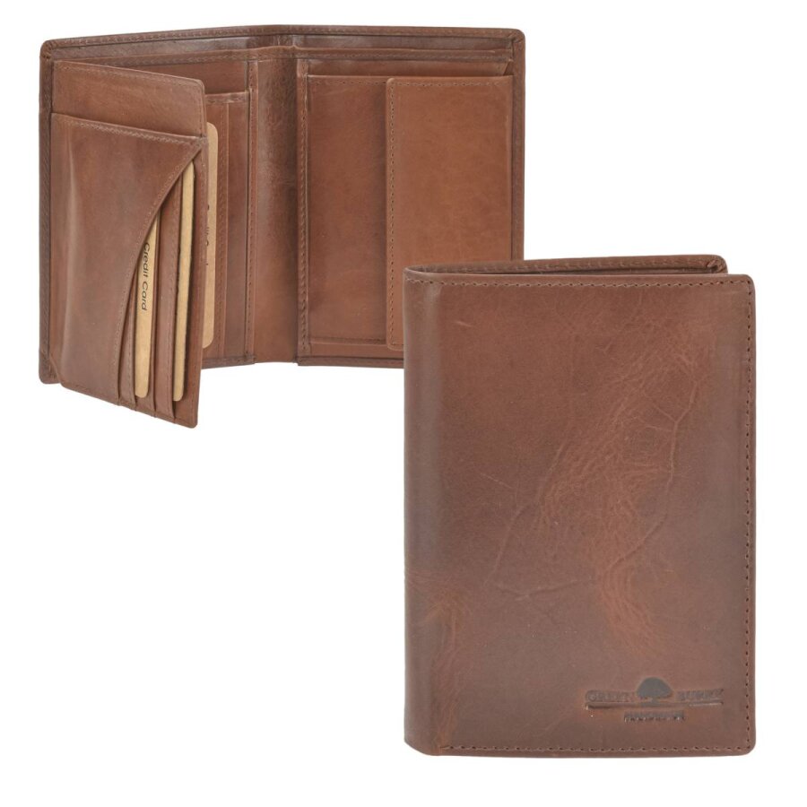 Greenburry Portemonnaie Herren RFID-Schutz & 7 Kartenfächer Newport – Leder caramel. Stilvoller Geldbeutel für Sicherheit und Ordnung im Hochformat.