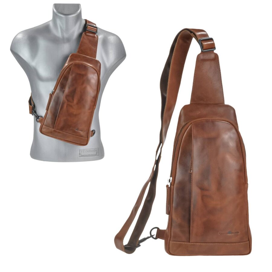 Greenburry Crossbody Bag Leder viele Reißverschlussfächer Newport – Leder caramel. Stilvolle Slingbag & praktische Brusttasche für Alltag und Reise.