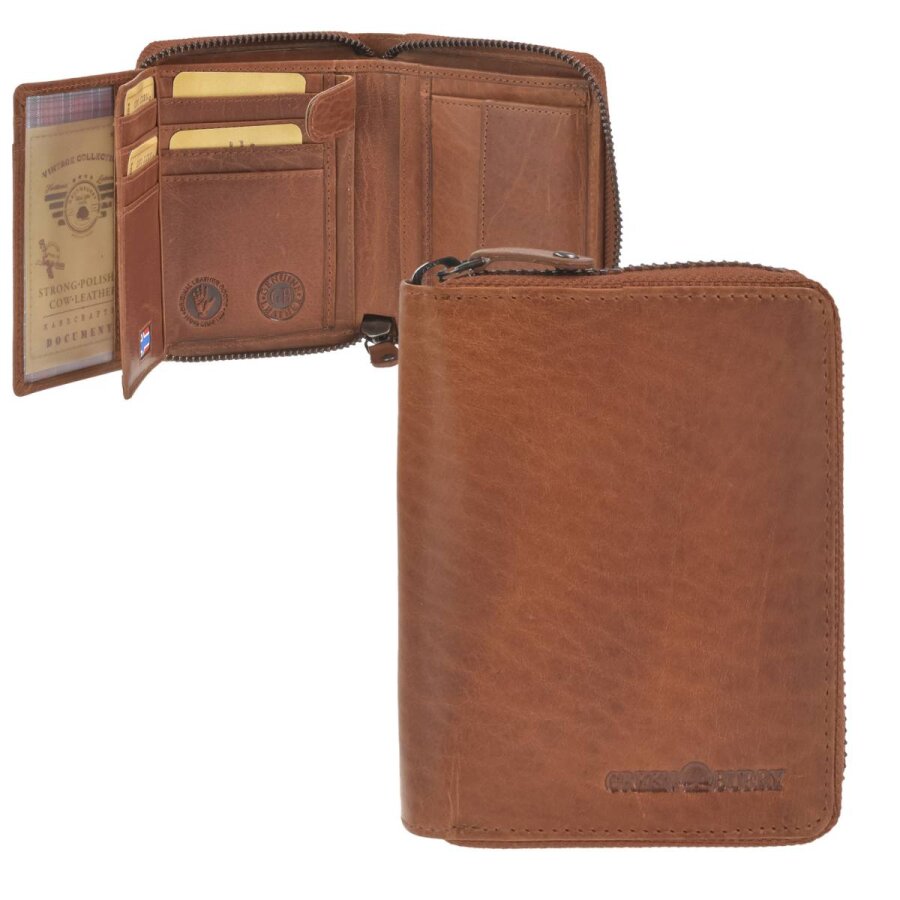 Geldbörse mit Reißverschluss Herren & Damen Leder naturbraun RFID-Schutz | Greenburry House of Norway Portemonnaie für Alltag Reise Freizeit 1251-24