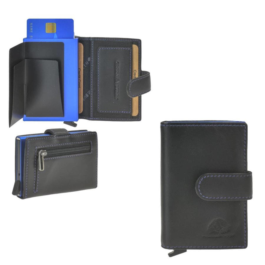 Karten Portemonnaie Herren Damen (schwarz-blau) RFID mit Münzfach 'Royal Nappa' Kartenetui Cardholder Kartenportemonnaie GREENBURRY 1138