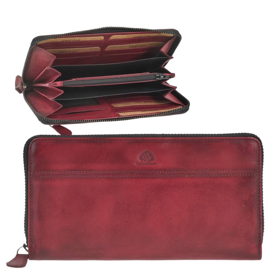 Greenburry Portemonnaie Damen 16 Kartenfächer Destressed – Leder deep red | Große Langbörse mit RFID-Schutz und 4-Fächer-Aufteilung online entdecken
