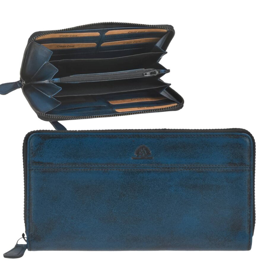 Geldbörse Leder 19x10cm mit Reißverschluss Langbörse 'Destressed' navy blue