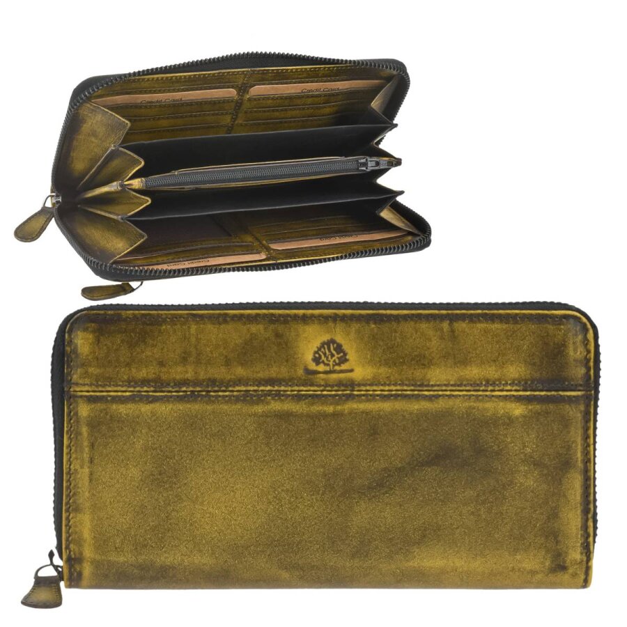 Greenburry Portemonnaie Damen 16 Kartenfächer Destressed – Leder dirty yellow | Große Langbörse mit RFID-Schutz und 4-Fächer-Aufteilung entdecken