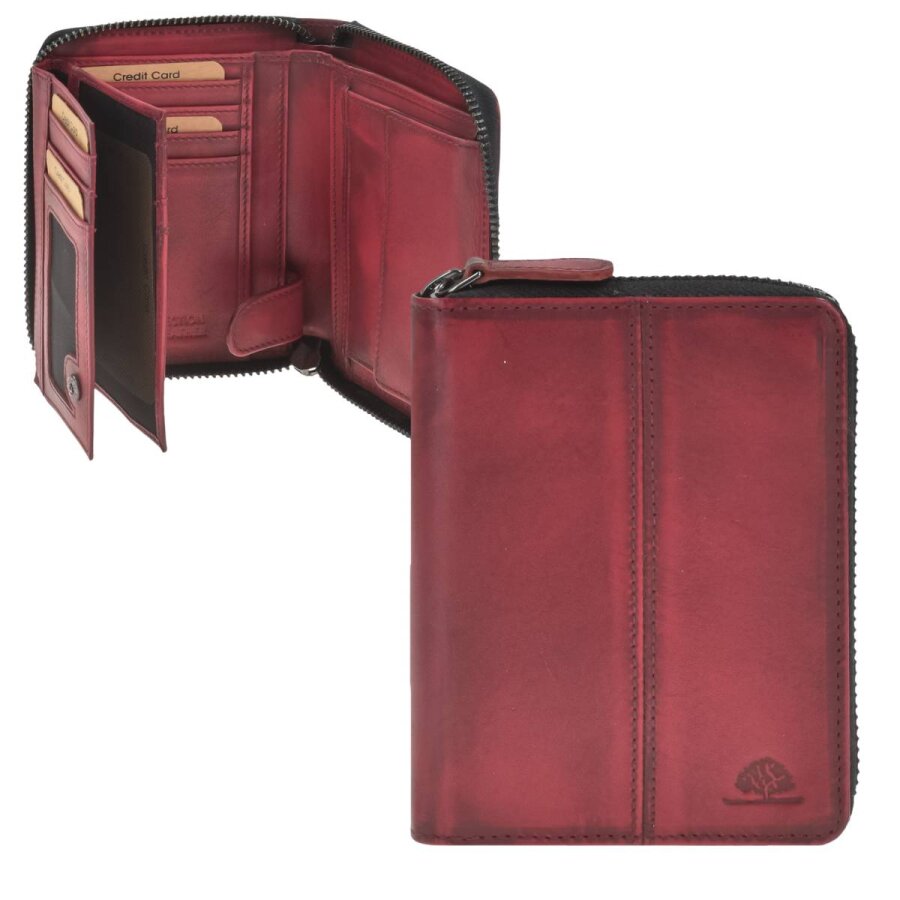 Greenburry Portemonnaie Damen Rundum-Sicherheit Destressed – Leder deep red | Elegante Geldbörse mit RFID-Schutz und 10 Fächern im Vintage-Stil