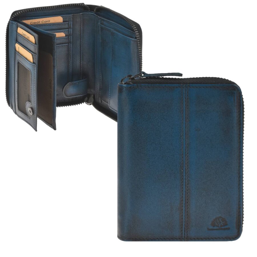 Greenburry Portemonnaie Damen Rundum-Sicherheit Destressed – Leder navy blue | Stilvolle Geldbörse mit RFID-Schutz und 10 Fächern im Vintage-Design
