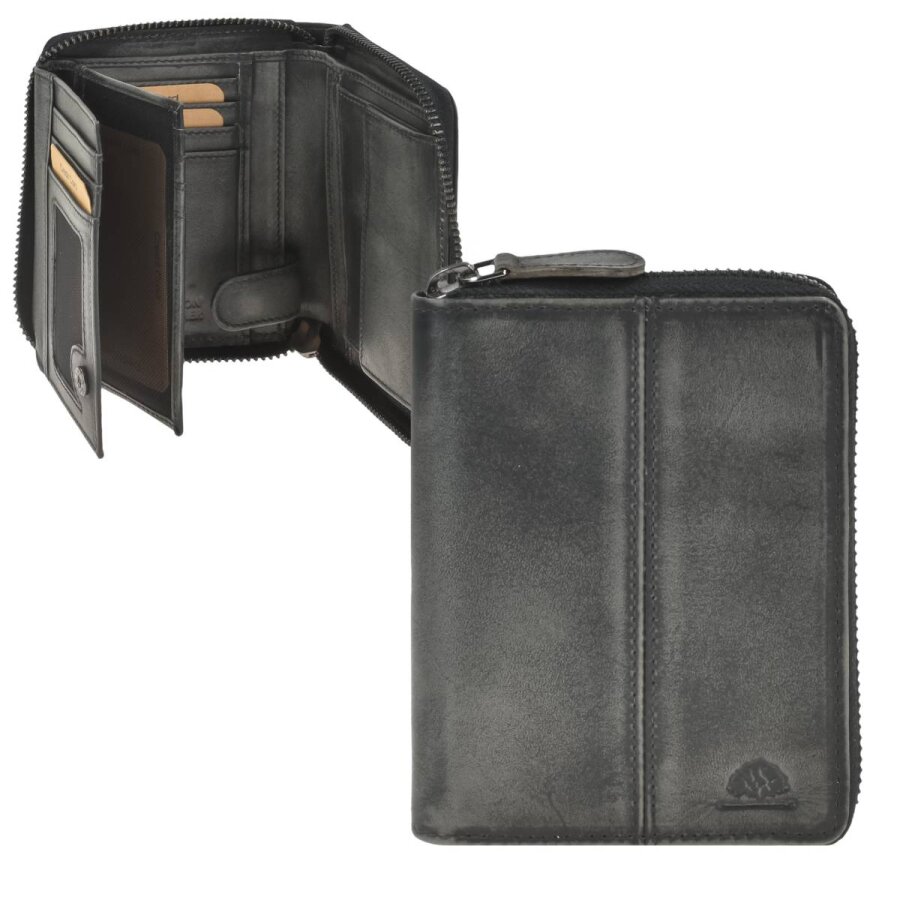 Greenburry Portemonnaie Damen Rundum-Sicherheit Destressed – Leder silver grey | Elegante Geldbörse mit RFID-Schutz und 10 Fächern im Vintage-Stil