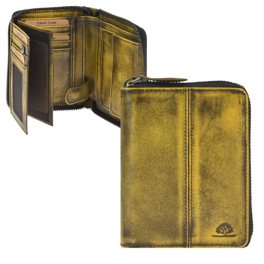 Greenburry Portemonnaie Damen Rundum-Sicherheit Destressed – Leder dirty yellow | Stilvolle Geldbörse mit RFID-Schutz und 10 Fächern im Vintage-Design
