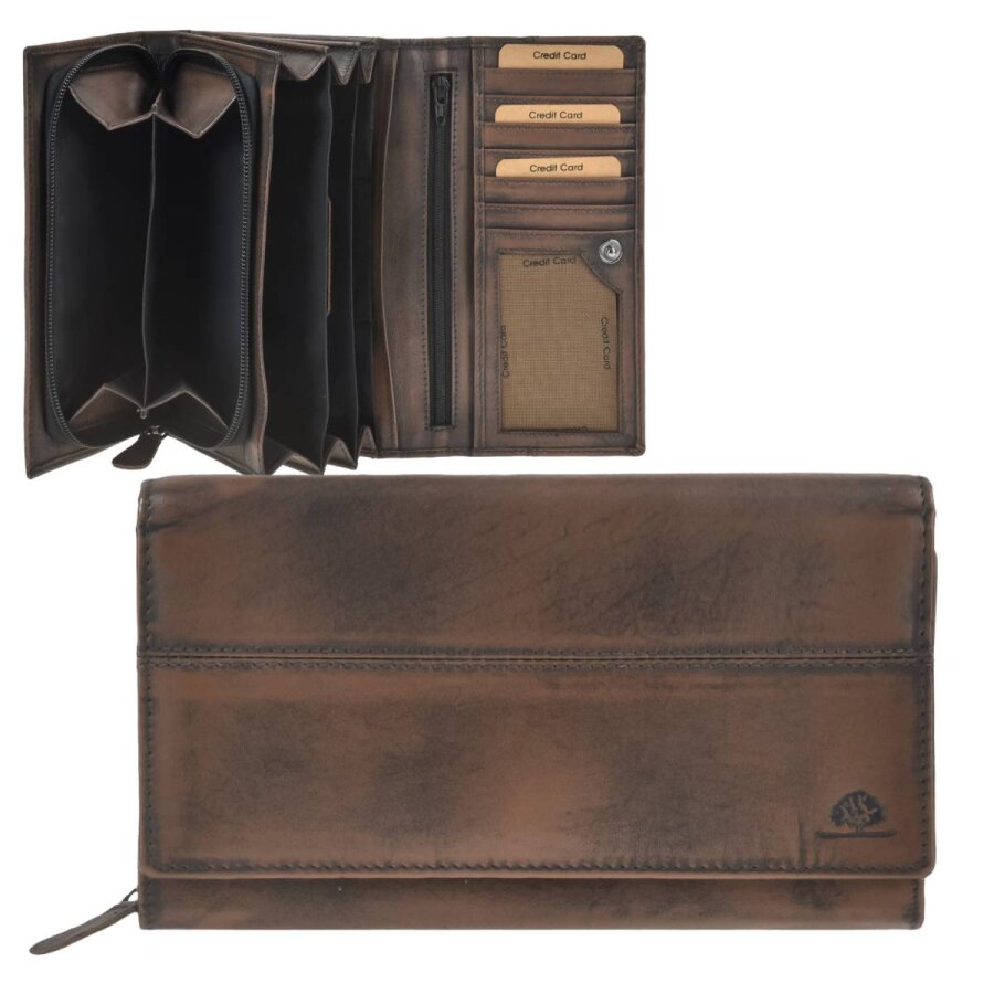 Greenburry Portemonnaie Damen 3-fächrige Organisation Destressed – Leder teak brown | Stilvolle Langbörse mit RFID-Schutz und 6 Kartenfächern entdecke