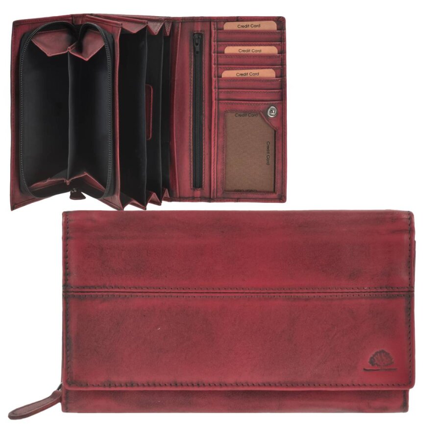 Greenburry Portemonnaie Damen 3-fächrige Organisation Destressed – Leder deep red | Elegante Langbörse mit RFID-Schutz und 6 Kartenfächern entdecken