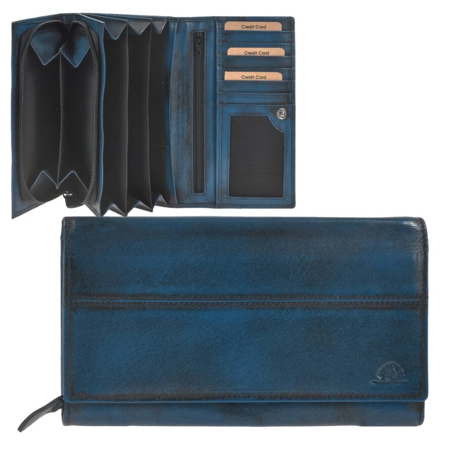 Greenburry Portemonnaie Damen 3-fächrige Organisation Destressed – Leder navy blue | Stilvolle Langbörse mit RFID-Schutz und 6 Kartenfächern entdecken