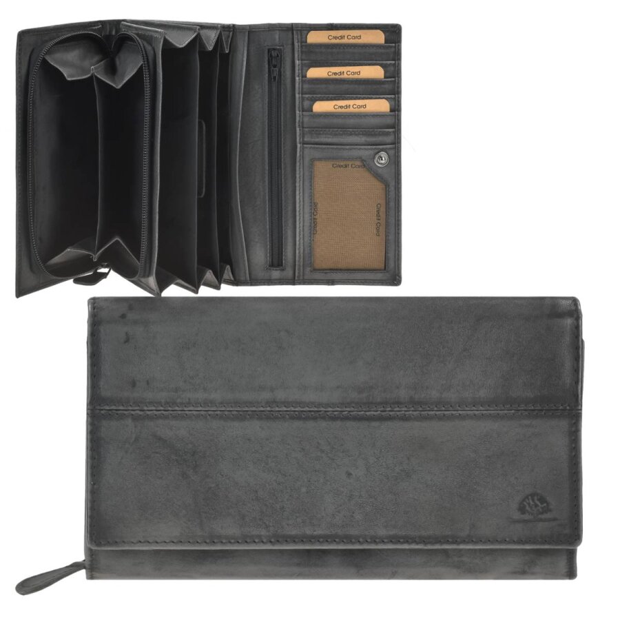 Greenburry Portemonnaie Damen 3-fächrige Organisation Destressed – Leder silver grey | Stilvolle Langbörse mit RFID-Schutz und 6 Kartenfächern entdeck