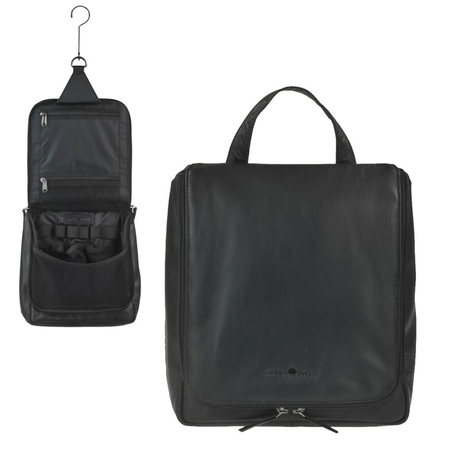 Kulturtasche Damen Herren Leder schwarz mit Aufhängehaken | Greenburry Vintage Original Waschtasche für Reise Urlaub Hotel 1735-20