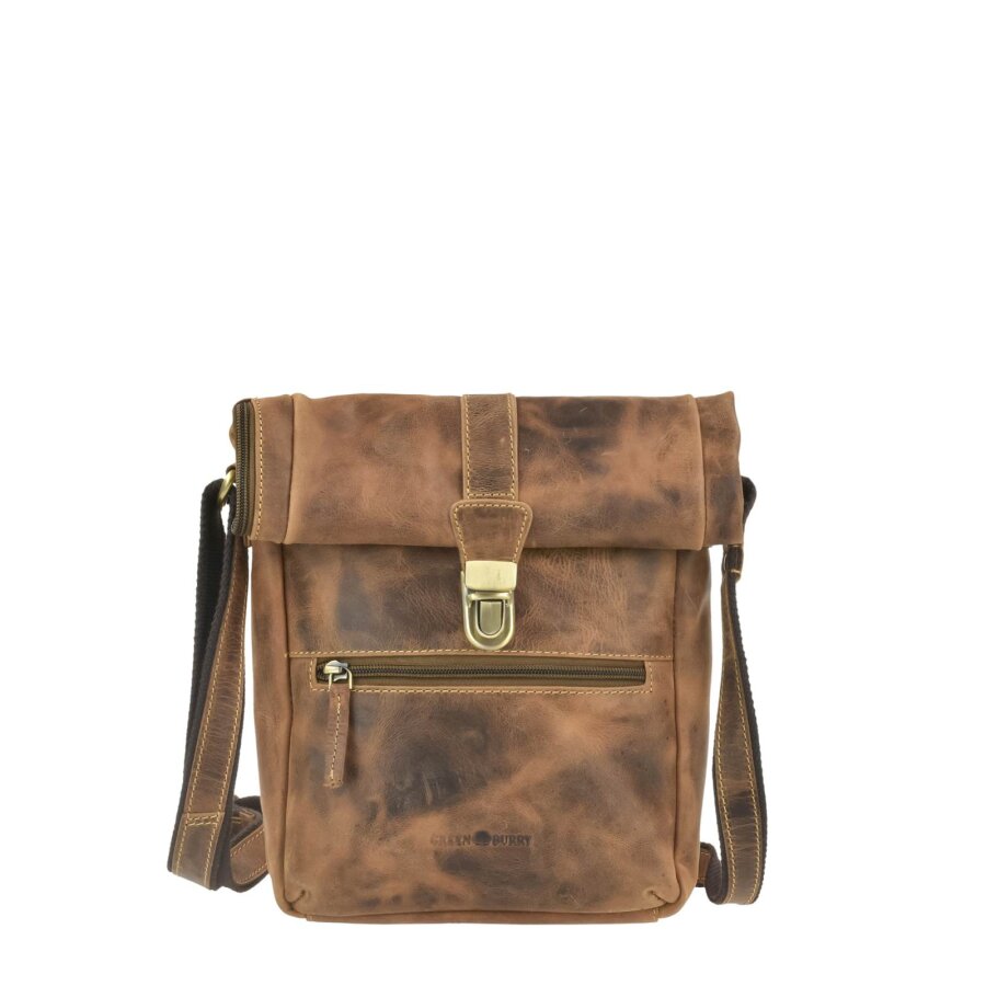 Umhängetasche Damen Leder antikbraun Rolltop Verschluss | Greenburry Vintage Foldflap Schultertasche für Business Freizeit Reise 1441-25