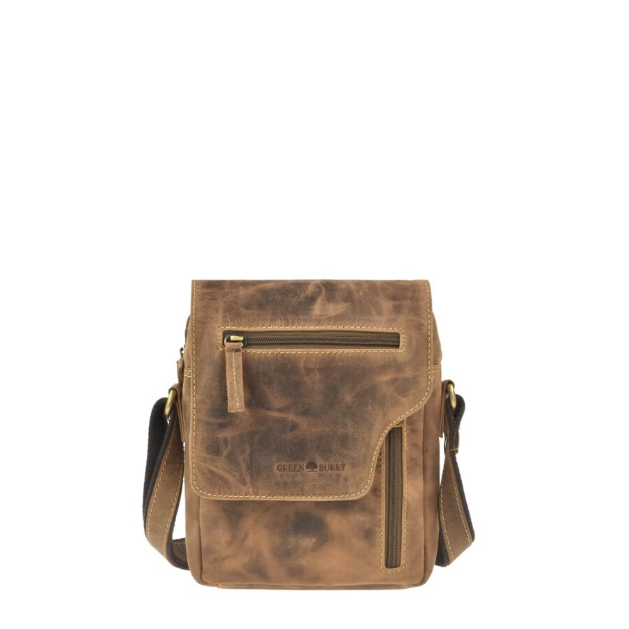 Umhängetasche Herren Damen Leder braun kompakte Dreifach-Frontaufteilung | Greenburry Vintage-Original Schultertasche für Freizeit Reise Alltag 1658