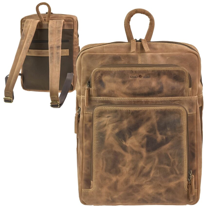 Notebook-Rucksack flach kompakt Leder braun 32x41cm | Greenburry Laptop-Rucksack mit Trolleyband sportlich rustikal für Damen und Herren im Alltag